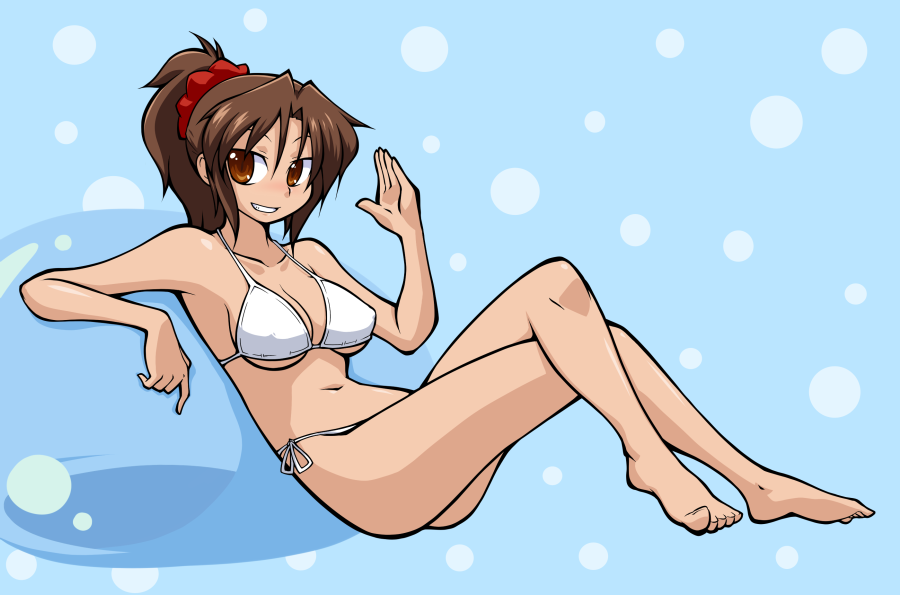 breasts, brown_eyes, brown_hair, chiki_(artist), cleavage, crossed_legs, grin, legs_crossed