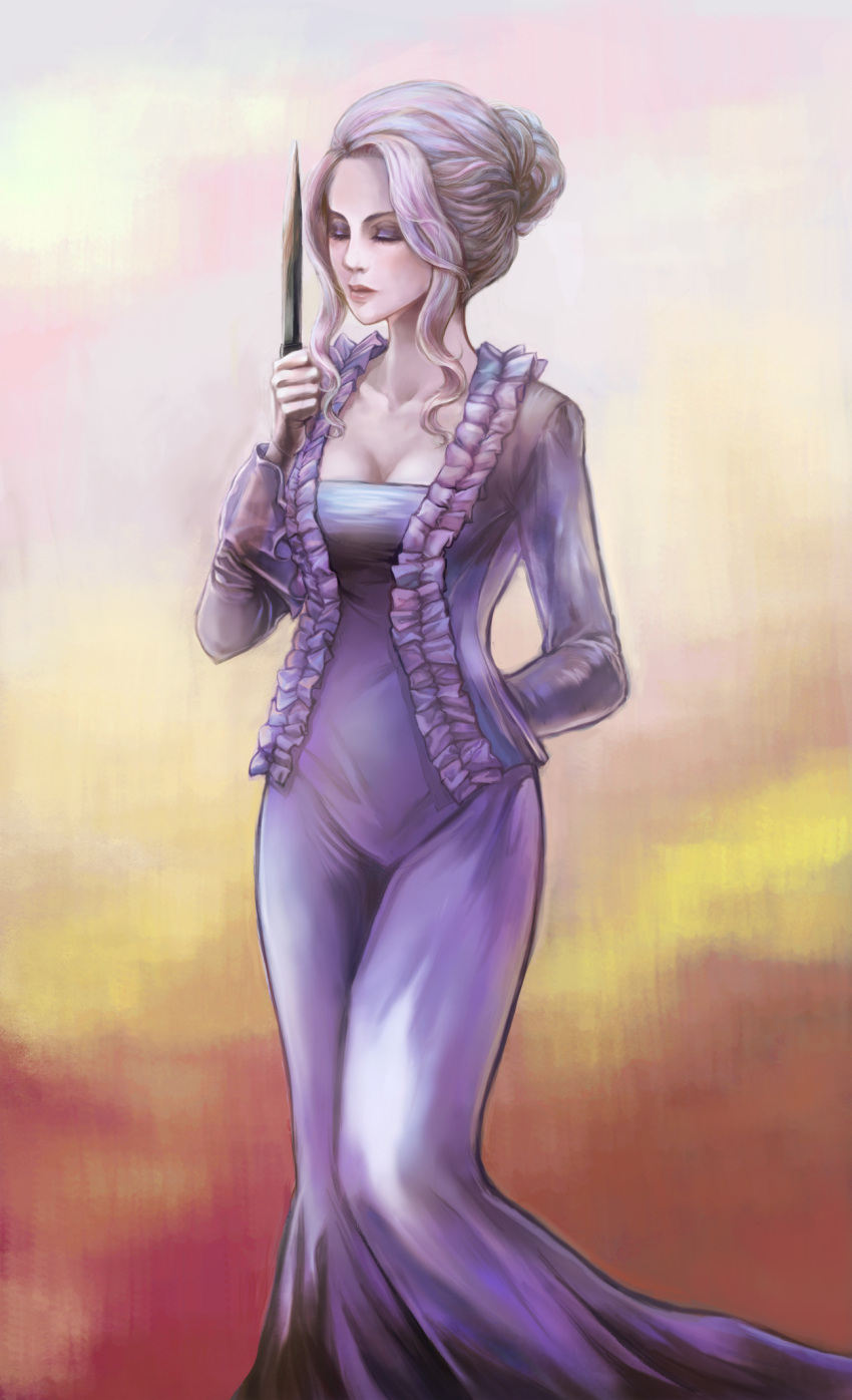 aaaa_(11000111), breasts, cleavage, closed_eyes, dagger, dress, eyes_closed, eyeshadow, hair_bun, highres, katrina_(romancing_saga), lipstick, makeup, purple_hair, romancing_saga_3, saga, solo, vest, weapon
