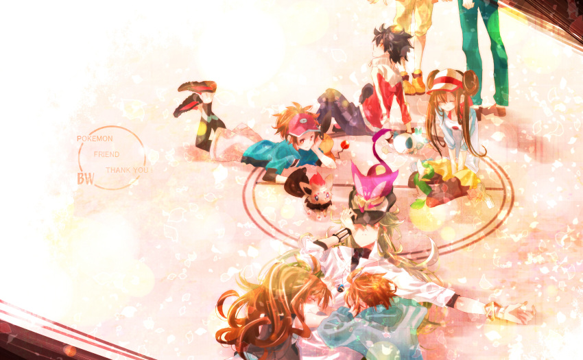 5boys, bel_(pokemon), black_hair, brown_hair, cheren_(pokemon), double_bun, english, female_protagonist_(pokemon_bw2, green_hair, highres, hii101, hue_(pokemon), jacket, kyouhei_(pokemon), leggings, lying, mei_(pokemon), multiple_boys, multiple_girls, n_(pokemon), no_hat, no_headwear, oshawott, pantyhose, pokemon, pokemon_(game), pokemon_bw, pokemon_bw2, ponytail, purrloin, rival_(pokemon_bw2), shoes, short_hair, sitting, skirt, sneakers, snivy, tears, tepig, touko_(pokemon), touya_(pokemon), twintails, zorua