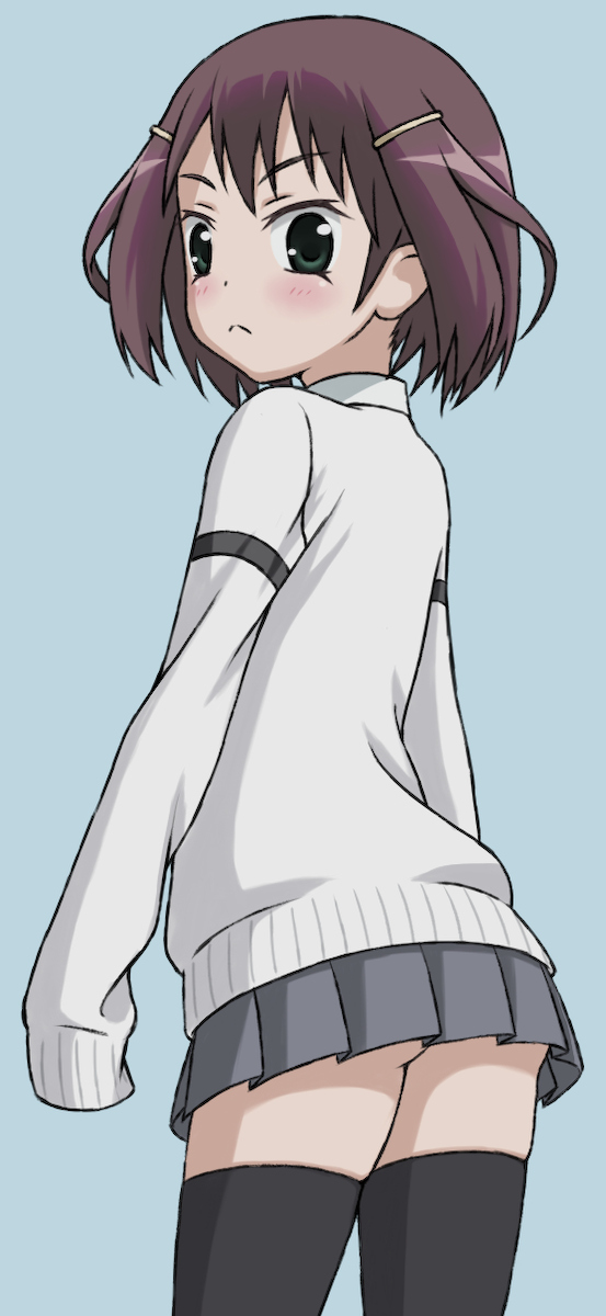 ass_cheeks, blush, brown_hair, green_eyes, highres, landcell, saki, saki_achiga-hen, short_hair, solo, tsuruta_himeko