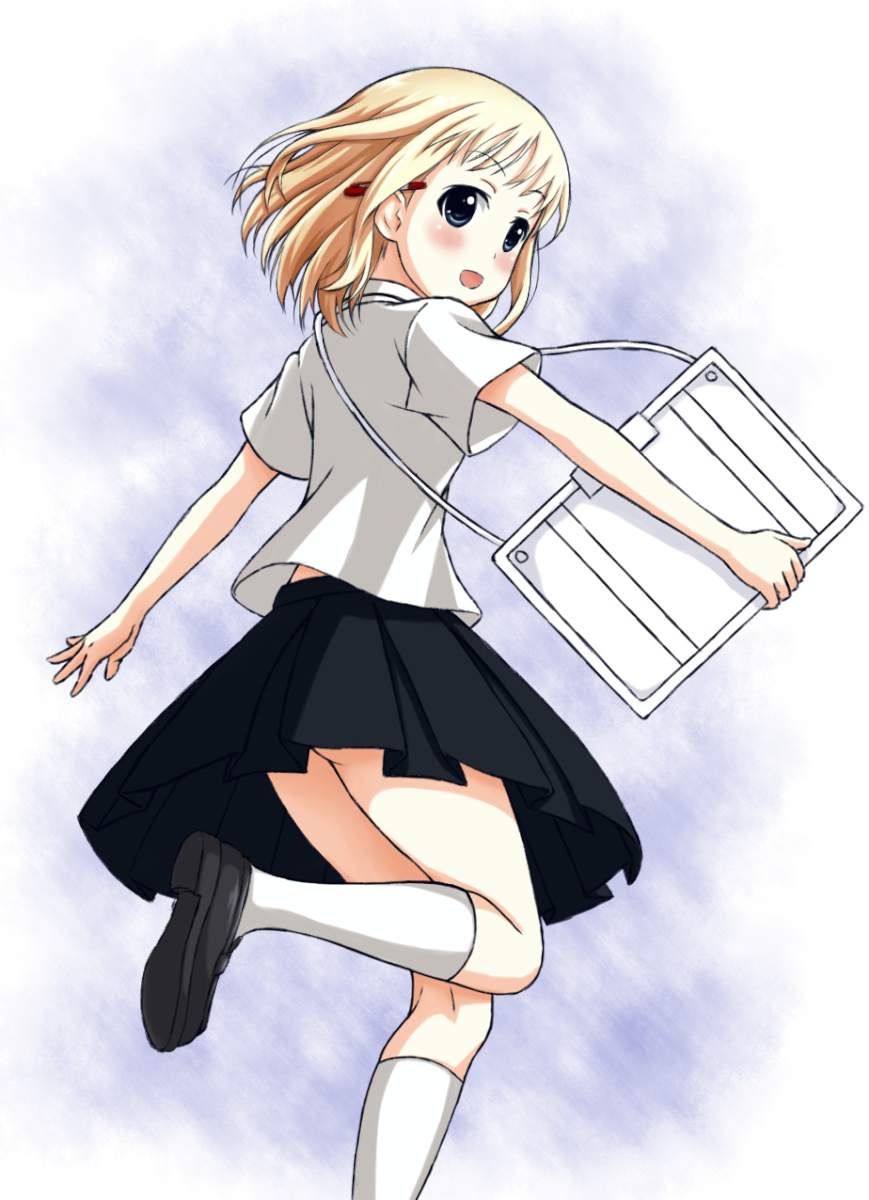 aislinn_wishart, blonde_hair, blue_eyes, blush, drawing_board, highres, landcell, looking_back, marker, saki, solo