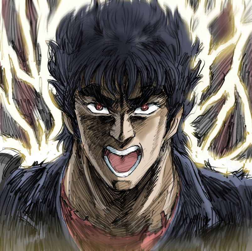 black_hair, electricity, graphite_(medium), hokuto_no_ken, kenshirou, male, open_mouth, portrait