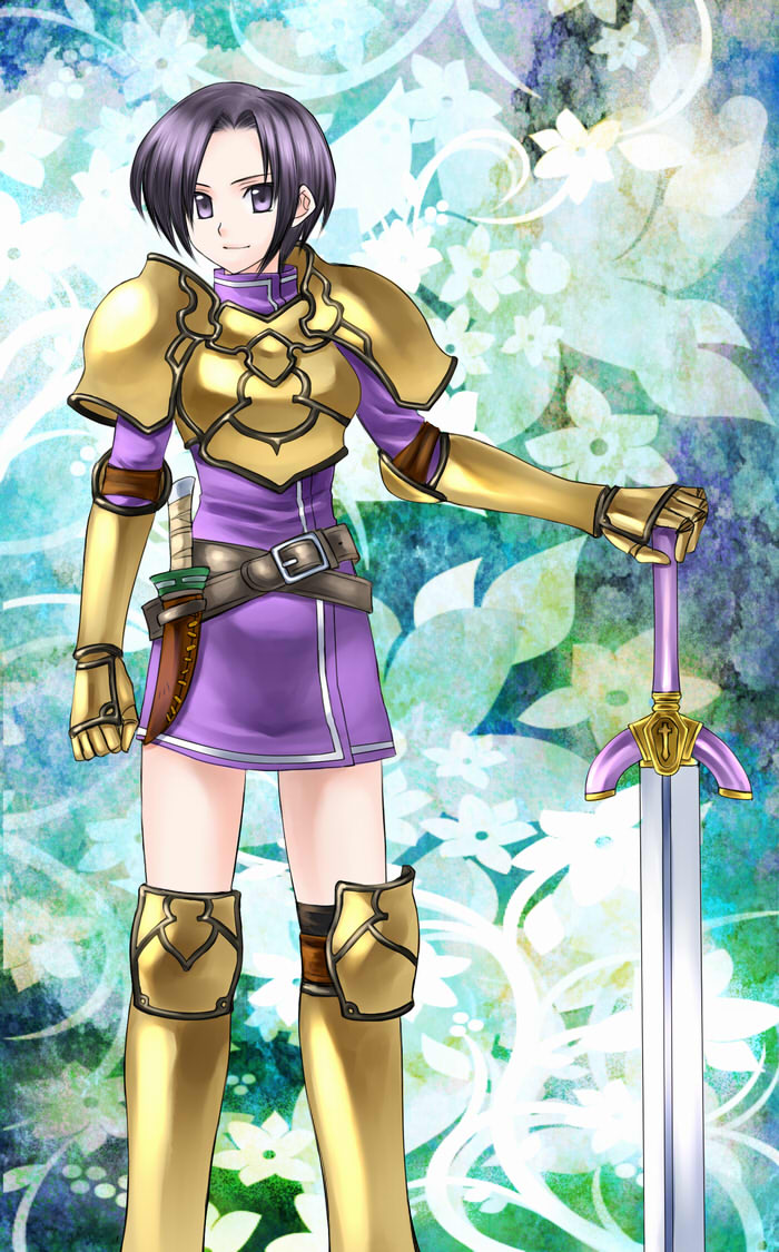1girl, 74, armor, belt, black_hair, boots, fire_emblem, fire_emblem:_seisen_no_keifu, gauntlets, knife, male, purple_eyes, radney_(fire_emblem), short_hair, skasaha_(fire_emblem), smile, solo, sword, violet_eyes, weapon