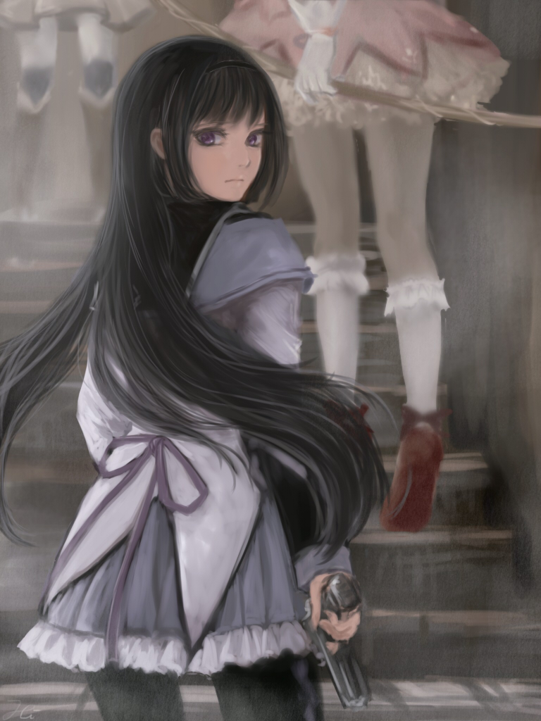 akemi_homura, black_hair, boots, bow, bow_(weapon), gun, hair_bow, hairband, handgun, kaname_madoka, kneehighs, long_hair, magical_girl, mahou_shoujo_madoka_magica, multiple_girls, pantyhose, pink_eyes, pink_hair, purple_eyes, ririko_deluxe, short_twintails, tomoe_mami, twintails, violet_eyes, weapon