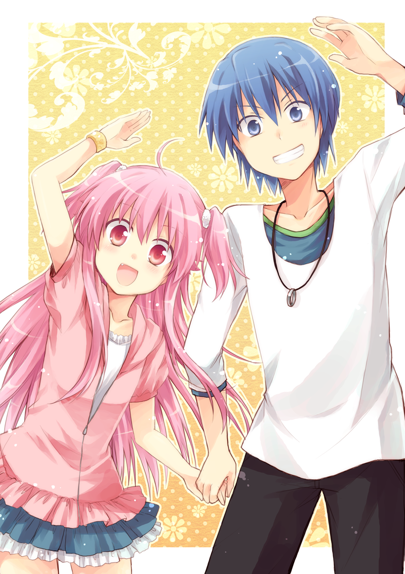 1girl, :d, ahoge, angel_beats!, blue_eyes, blue_hair, bracelet, casual