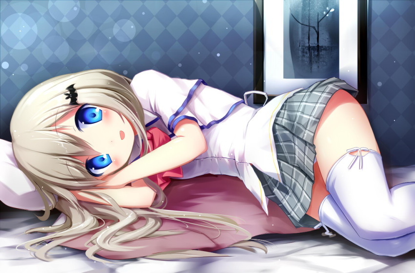 bat, blue_eyes, blush, cape, checkered, checkered_skirt, hair_ornament, hairclip, hat, little_busters!!, long_hair, looking_at_viewer, lying, noumi_kudryavka, on_bed, on_side, open_mouth, panties, picture_(object), pillow, ribbons, seifuku, shirt, silver_hair, skirt, smile, solo, taharu_kousuke, thigh-highs, thighhighs, underwear, white_legwear, white_panties