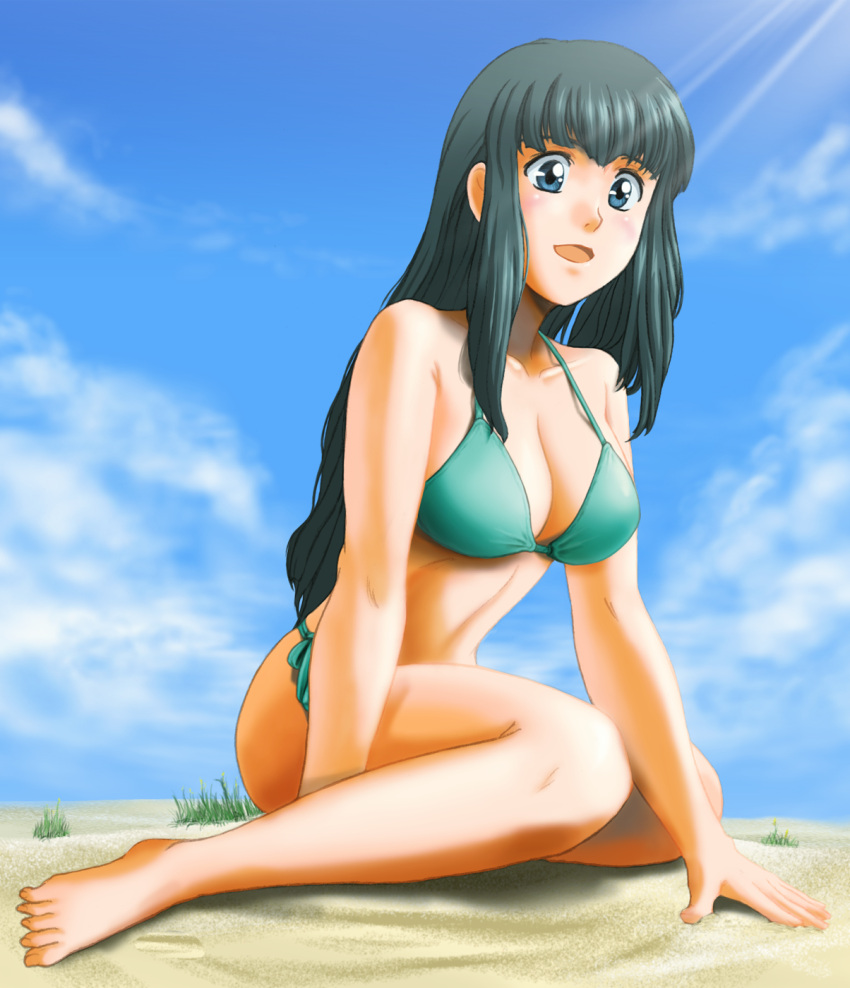 beach, bikini, black_hair, blue_eyes, breasts, cloud, clouds, highres