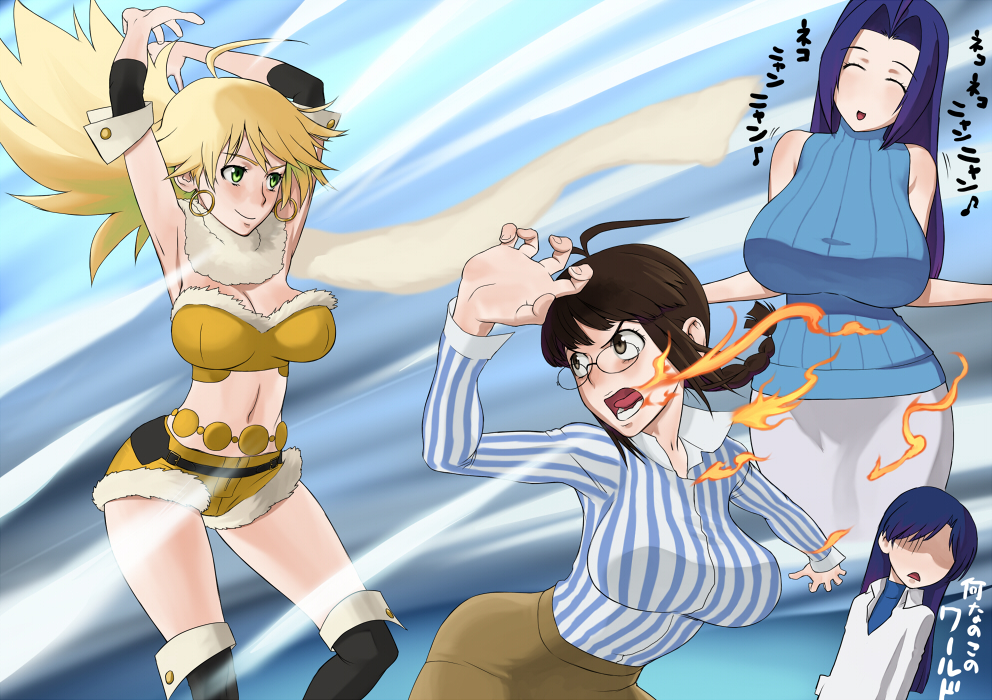^_^, ahoge, akizuki_ritsuko, antenna_hair, beyond_the_wishes, blonde_hair, blue_hair, blush, braid, breast_envy, breasts, breathing_fire, brown_eyes, brown_hair, cleavage, closed_eyes, elbow_cuffs, eyes_closed, fighting_stance, fire, fire_breath, glasses, green_eyes, grin, hoshii_miki, huge_breasts, idolmaster, jewelry, kisaragi_chihaya, live_for_venus, long_hair, midriff, miura_azusa, multiple_girls, navel, no_nose, open_mouth, pose, scarf, short_hair, smile, translated, wata_do_chinkuru, wind