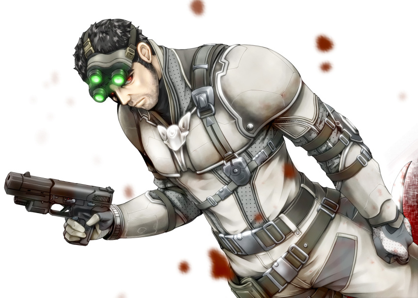 armor, black_hair, blood, doku_hebi, elbow_pads, facial_hair, five-seven_(gun), gloves