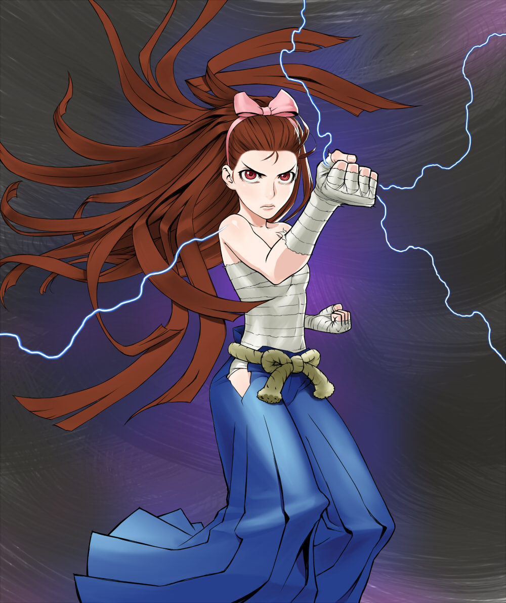 bandage, bandages, brown_eyes, brown_hair, clenched_hand, clenched_hands, company_connection, cosplay