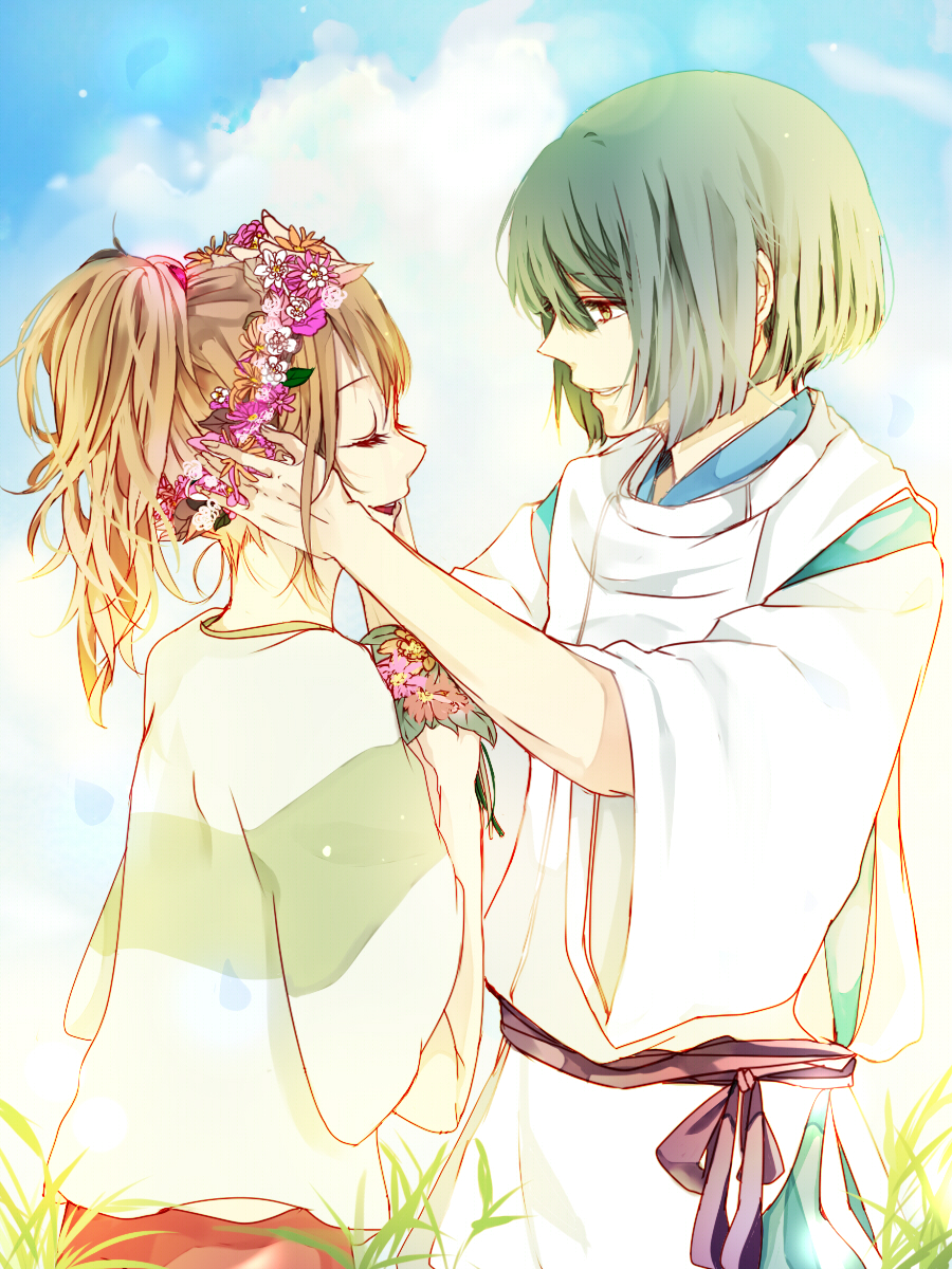 1girl, brown_hair, child, closed_eyes, couple, eyes_closed, flower, green_hair, hakama, haku, head_wreath, highres, japanese_clothes, kona66, ogino_chihiro, ponytail, sen_to_chihiro_no_kamikakushi, smile, studio_ghibli