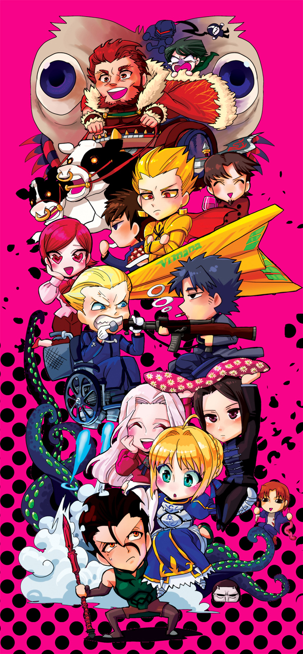 caster_(fate/zero), chibi, cow, emiya_kiritsugu, everyone, eyes, fate/zero, fate_(series), genderswap, gilgamesh, gordius_wheel, gun, heart, heart_eyes, highres, hisau_maiya, irisviel_von_einzbern, jetpack, kayneth_archibald_el-melloi, kotomine_kirei, lancer_(fate/zero), matou_kariya, polearm, rider_(fate/zero), saber, sola-ui_nuada-re_sophia-ri, spear, tentacle, tentacles, tohsaka_tokiomi, toosaka_tokiomi, uryuu_ryuunosuke, vimana, waver_velvet, weapon, wheelchair, yoidorerodeo