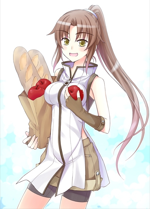 apple, bike_shorts, bread, brown_hair, fingerless_gloves, food, fruit, gloves