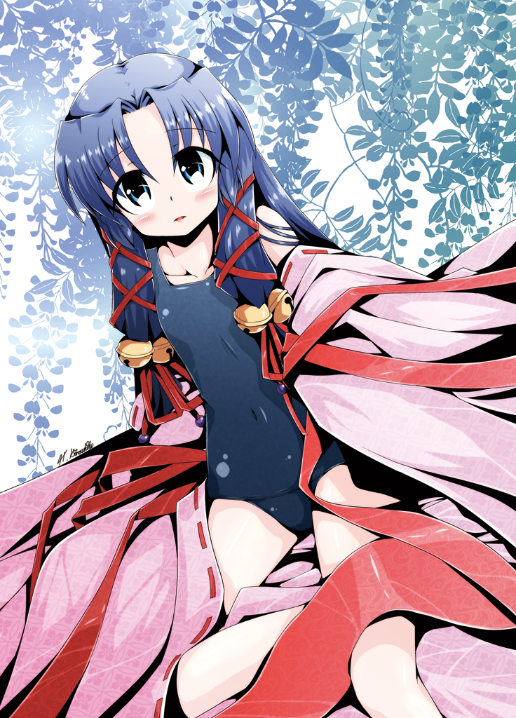 blue_eyes, blue_hair, japanese_clothes, kannabi_no_mikoto, kimono, kinoshita_haruka, long_hair, school_swimsuit