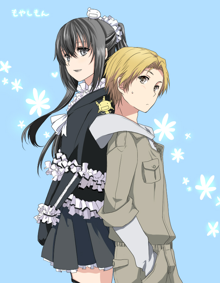 back-to-back, black_hair, brown_hair, crossdressinging, dress, frills, gloves, gothic