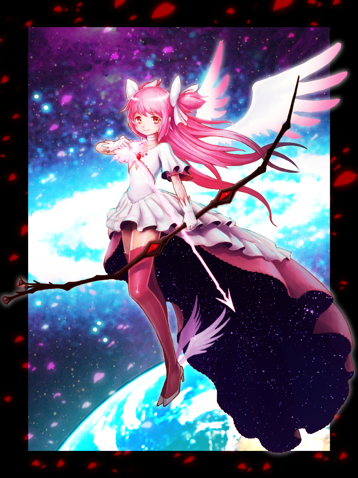 arrow, bow, bow_(weapon), choker, dress, gloves, goddess_madoka, hair_bow