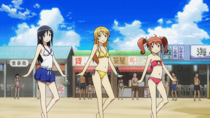 3girls, animated, animated_gif, aragaki_ayase, ass, barefoot, beach, bikini