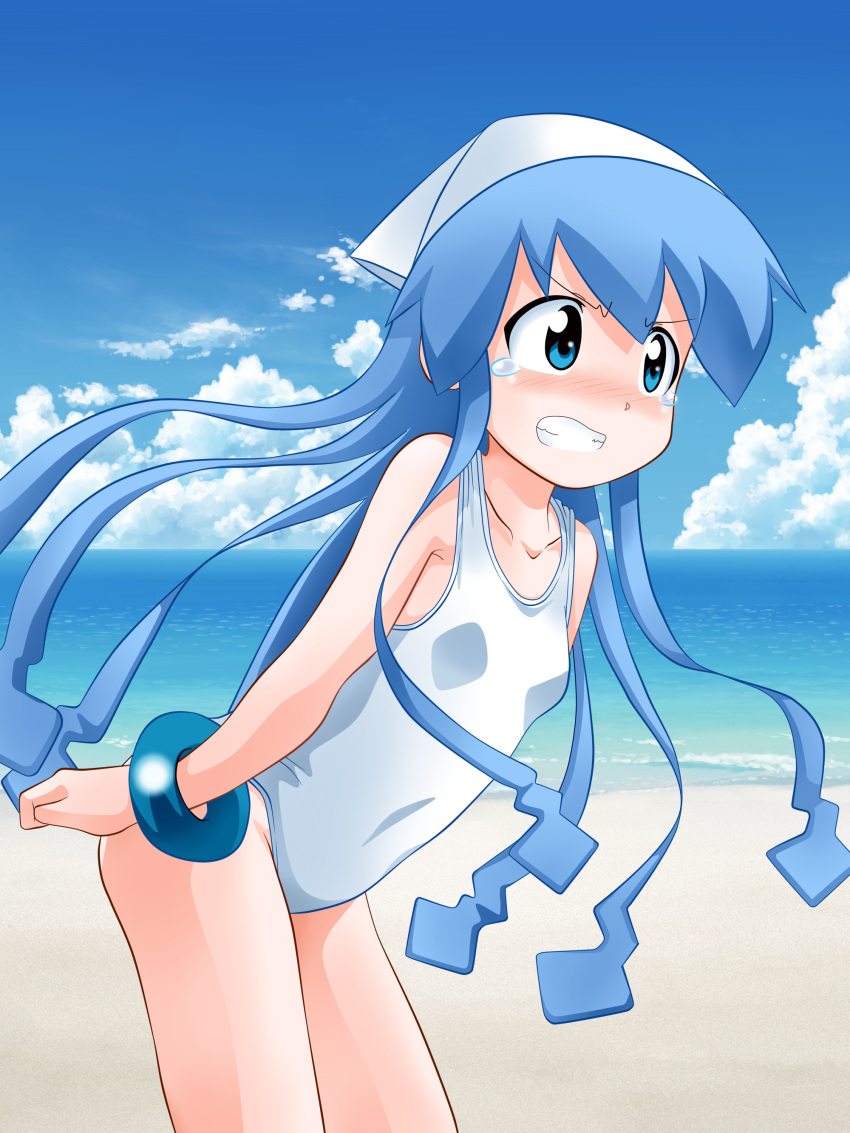 absurdres, beach, blue_eyes, blue_hair, blush, hat, highres, ikamusume
