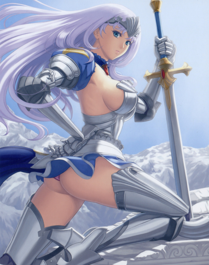 absurdres, annelotte, armor, armored_dress, ass, blue_eyes, boots, breasts