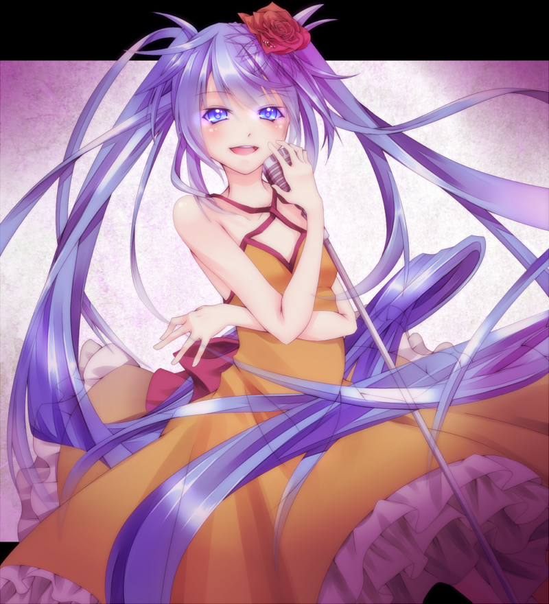 bare_shoulders, blue_eyes, blue_hair, bow, dress, flower, frilled_dress, frills, hair_flower, hair_ornament, hatsune_miku, kawasaki_toiro, kochira_koufuku_anshin_iinkai_desu_(vocaloid), long_hair, microphone, microphone_stand, sepia_dress, smile, solo, twintails, very_long_hair, vintage_microphone, vocaloid