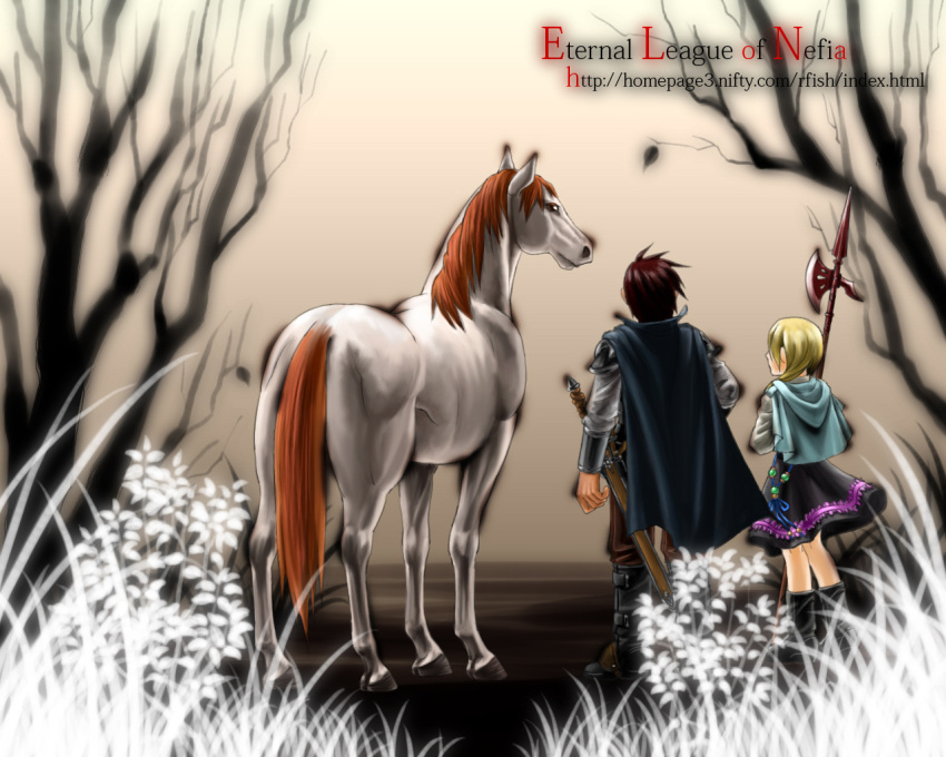 armor, cape, dress, elona, grass, halberd, horse, little_girl_(elona)