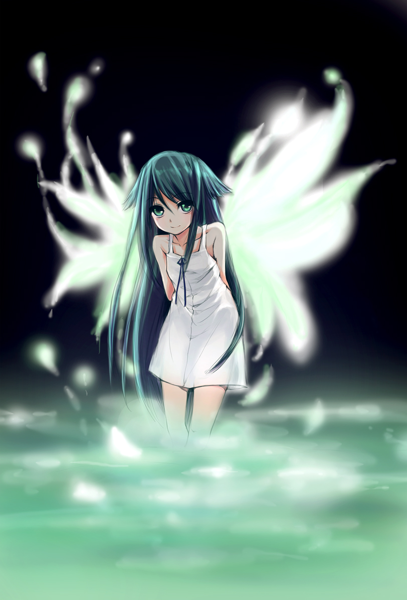 aqua_hair, arms_behind_back, dress, feathers, green_eyes, luoz, saya, saya_no_uta, short_dress, solo, water, white_dress, wings
