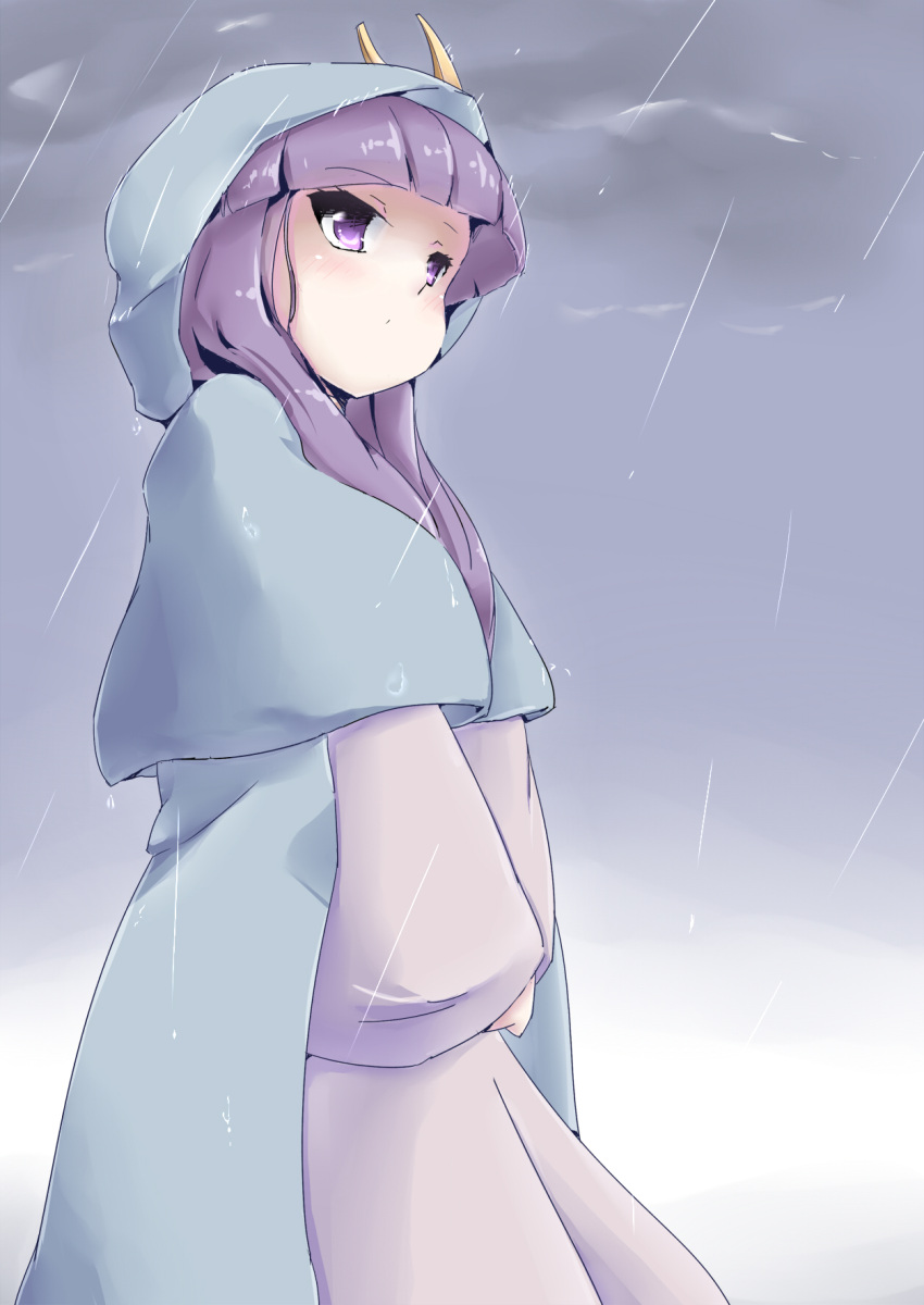 bangs, blunt_bangs, cloak, coo, highres, hood, patchouli_knowledge, purple_hair, rain, solo, touhou, v_arms, wide_sleeves