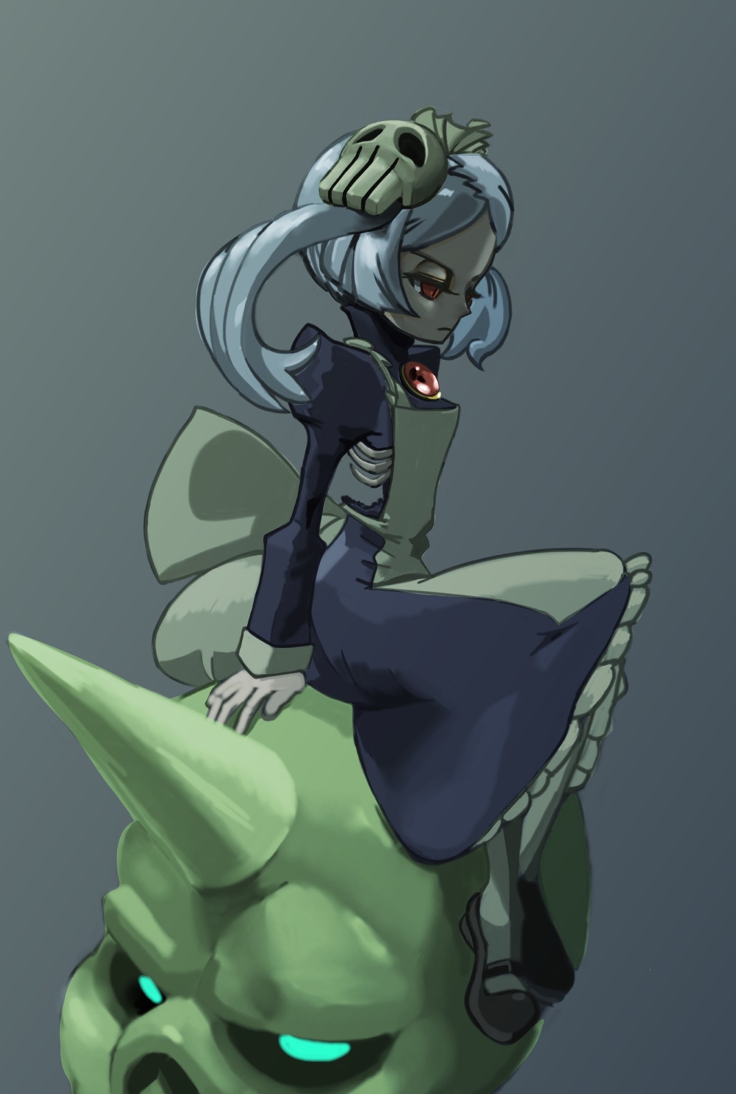 1girl, bloody_marie_(skullgirls), bone, frills, frown, grey_hair, hair_ornament, hashigaya, highres, long_hair, looking_down, maid, maid_headdress, mary_janes, red_eyes, ribcage, ribs, sitting, skull, skull_hair_ornament, skullgirls, solo, symbol-shaped_pupils, twintails, white_hair