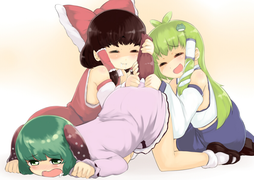 animal_ears, blush, bow, brown_hair, closed_eyes, detached_sleeves, eyes_closed, frog_hair_ornament, gigokku, green_eyes, green_hair, hair_bow, hair_ornament, hair_tubes, hakurei_reimu, kasodani_kyouko, kochiya_sanae, long_hair, multiple_girls, open_mouth, saliva, short_hair, smile, snake, tail, tail_pull, top-down_bottom-up, touhou