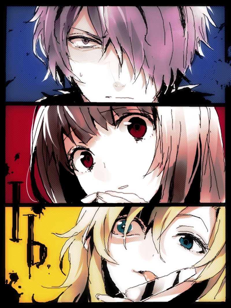 2girls, arisaka_ako, blonde_hair, brown_hair, eve_(ib), garry_(ib), gary_(ib), hair_over_one_eye