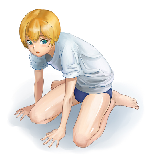 1girl, arm_support, barefoot, blonde_hair, buruma, copyright_request, looking_up, niwa_(nobody), open_mouth, shirt, short_hair, sitting, solo, wariza
