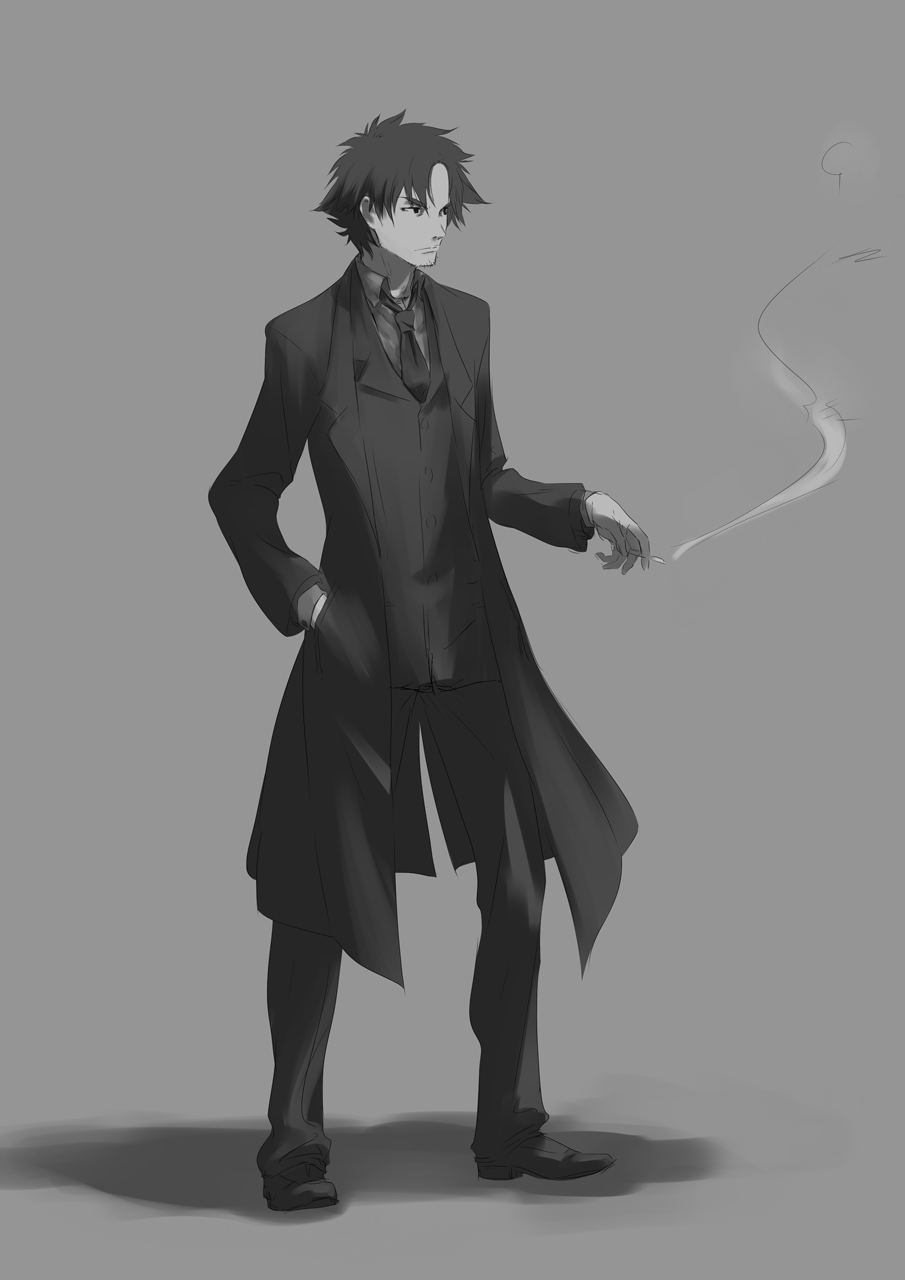 cigarette, d-gunhoo, emiya_kiritsugu, facial_hair, fate/zero, fate_(series), greyscale, highres