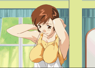 1girl, animated, animated_gif, breasts, brown_eyes, brown_hair, large_breasts, lowres
