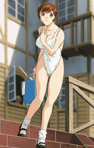 1girl, animated, animated_gif, brown_eyes, brown_hair, bucket, official_art, one-piece_swimsuit