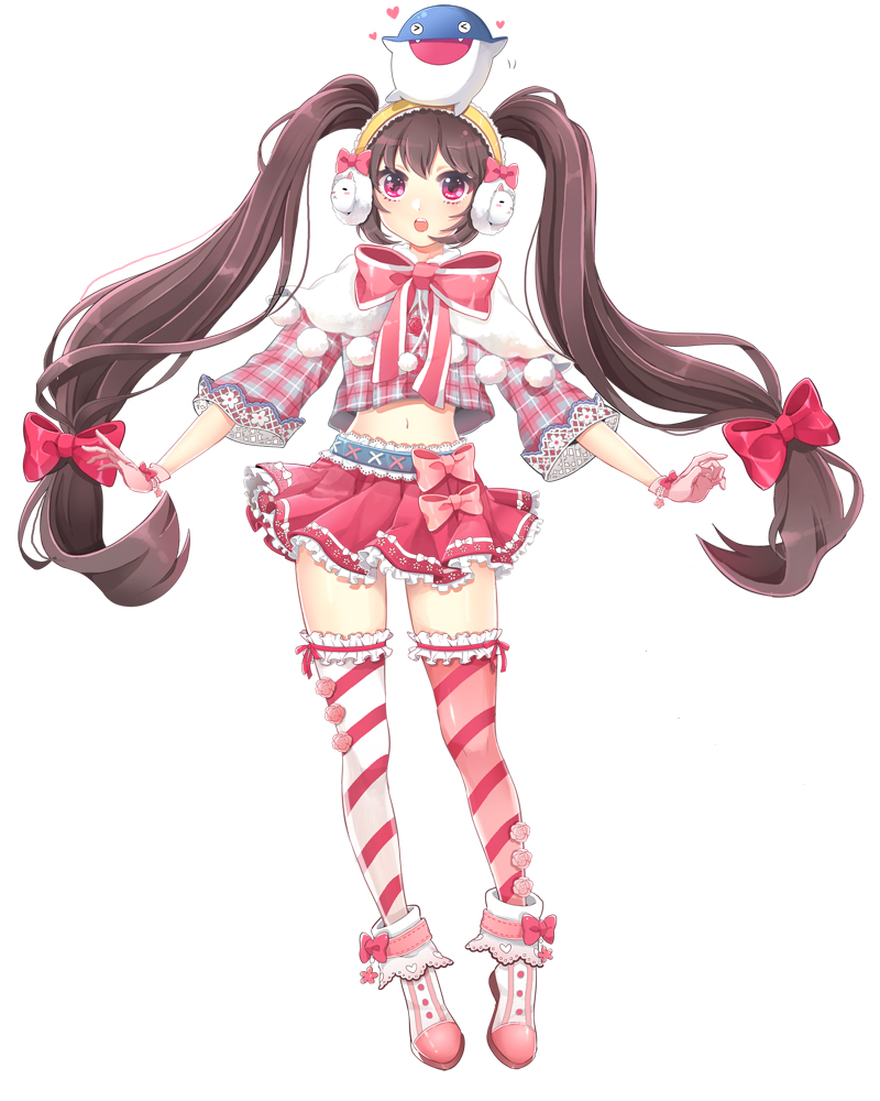 blush, bow, brown_hair, earmuffs, gloves, kooh, long_hair, low-tied_long_hair