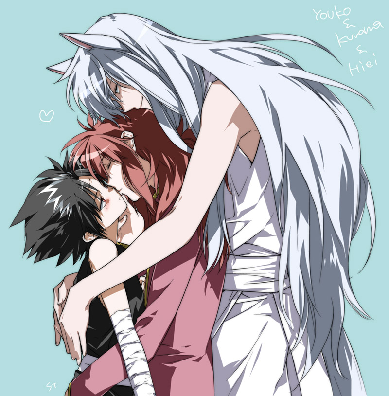 animal_ears, bandage, bandages, black_hair, blush, diabolism, fox_ears, hiei