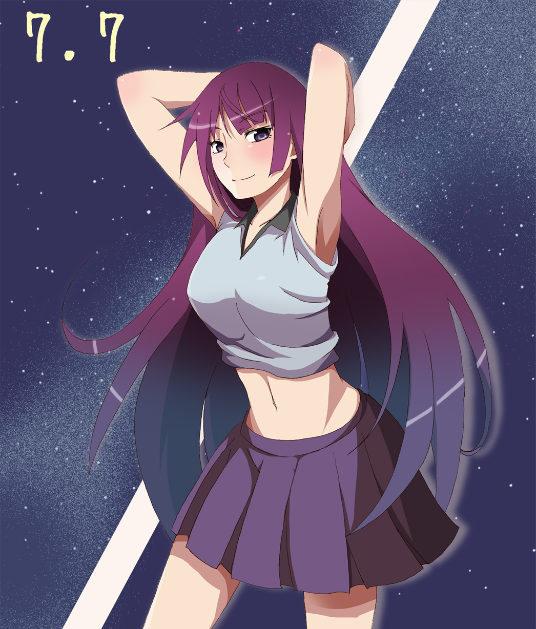 akumu_(hiziiiiii), arms_behind_head, bakemonogatari, blue_eyes, casual, dated, highres, japanese_clothes, kimono, midriff, monogatari_(series), navel, nisemonogatari, purple_hair, senjougahara_hitagi, skirt, sky, solo, star_(sky), starry_sky, tanabata, yukata