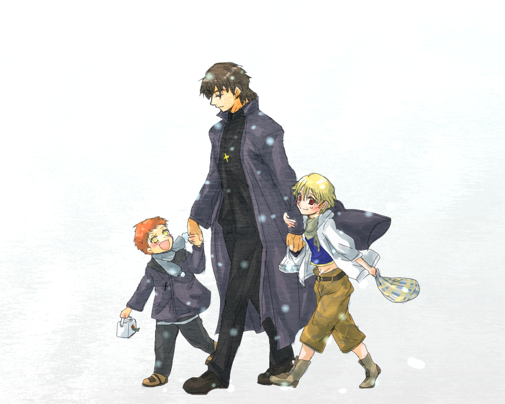 blonde_hair, brown_hair, cassock, child, child_gilgamesh, cross, dreamearth, emiya_shirou