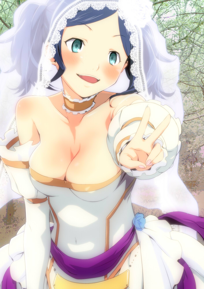 bad_id, bare_shoulders, black_hair, blue_eyes, blush, breasts, bridal_veil, choker
