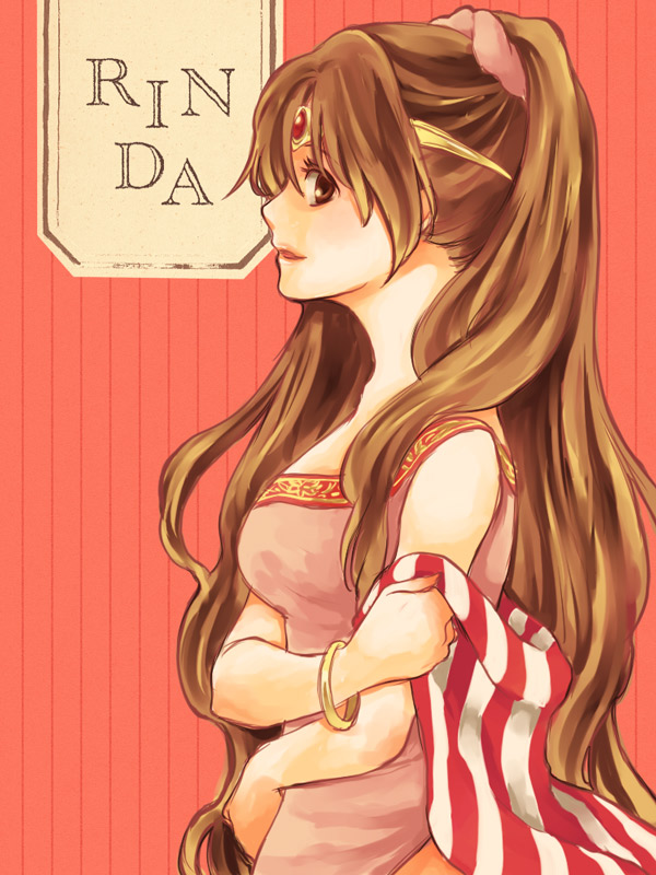 bracelet, brown_eyes, brown_hair, character_name, circlet, dress, fire_emblem, fire_emblem:_mystery_of_the_emblem
