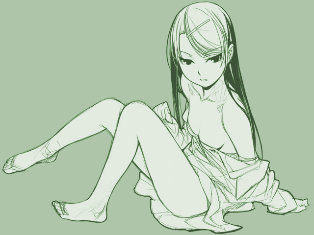 barefoot, black_hair, ino, mochizuki_nonoka, monochrome, no_bra, otome_function, simple_background