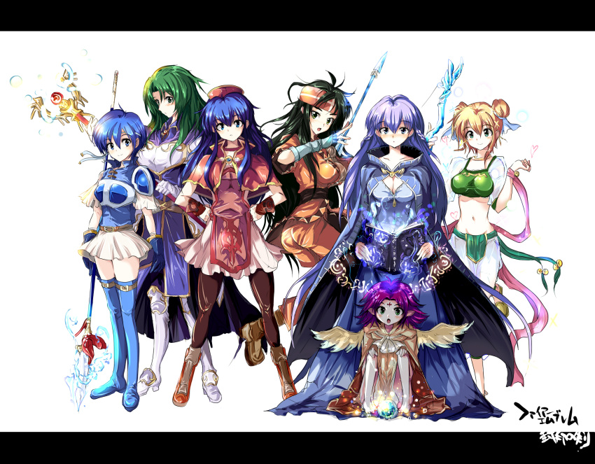 :o, armor, arrow, barefoot, bell, blue_hair, blush, book