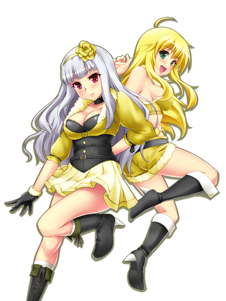 beyond_the_nobles, beyond_the_wishes, blonde_hair, blush, boots, breasts, choker, cleavage, gloves, green_eyes, hairband, hoshii_miki, idolmaster, long_hair, multiple_girls, open_mouth, red_eyes, shijou_takane, silver_hair, simple_background, skirt, smile, surume_(clavis), white_background
