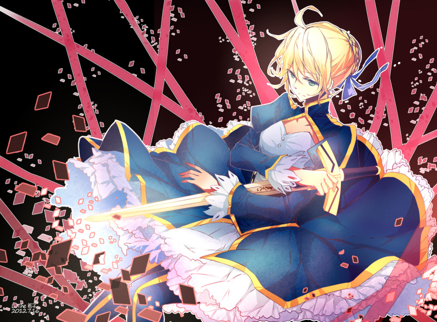 ahoge, blonde_hair, dress, excalibur, fate/stay_night, fate_(series), green_eyes, hair_ribbon