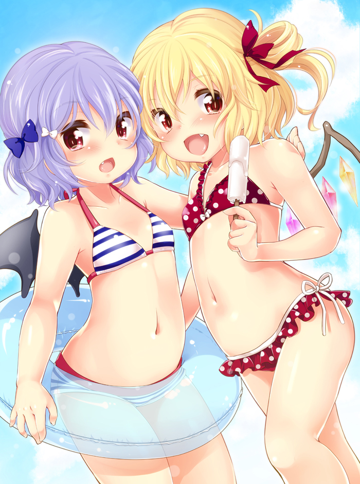 :d, bat_wings, bikini, blonde_hair, blue_hair, bow, child, cloud
