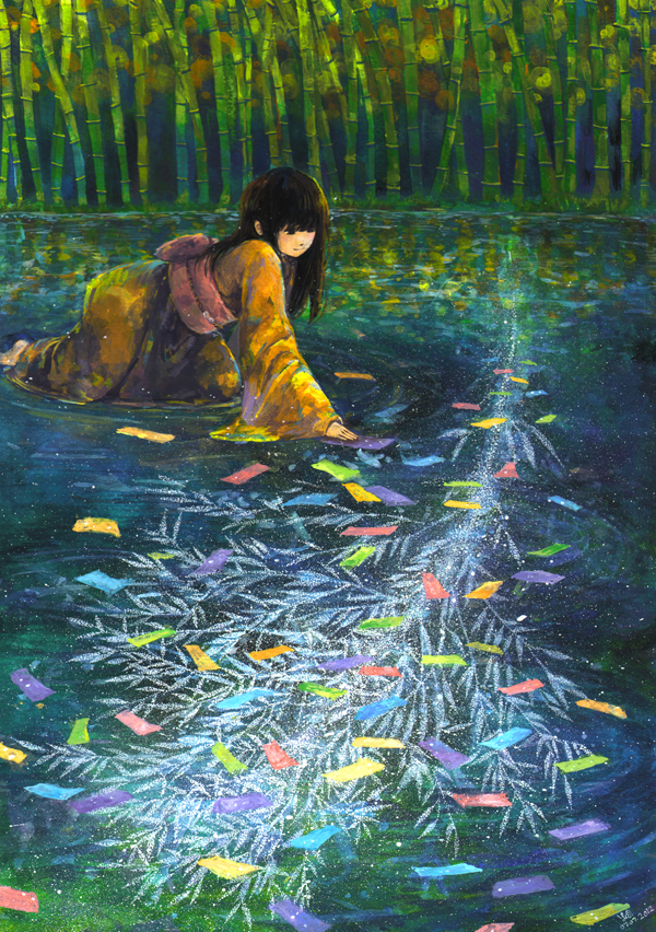 all_fours, bamboo, black_hair, japanese_clothes, kimono, long_hair, mooku, night