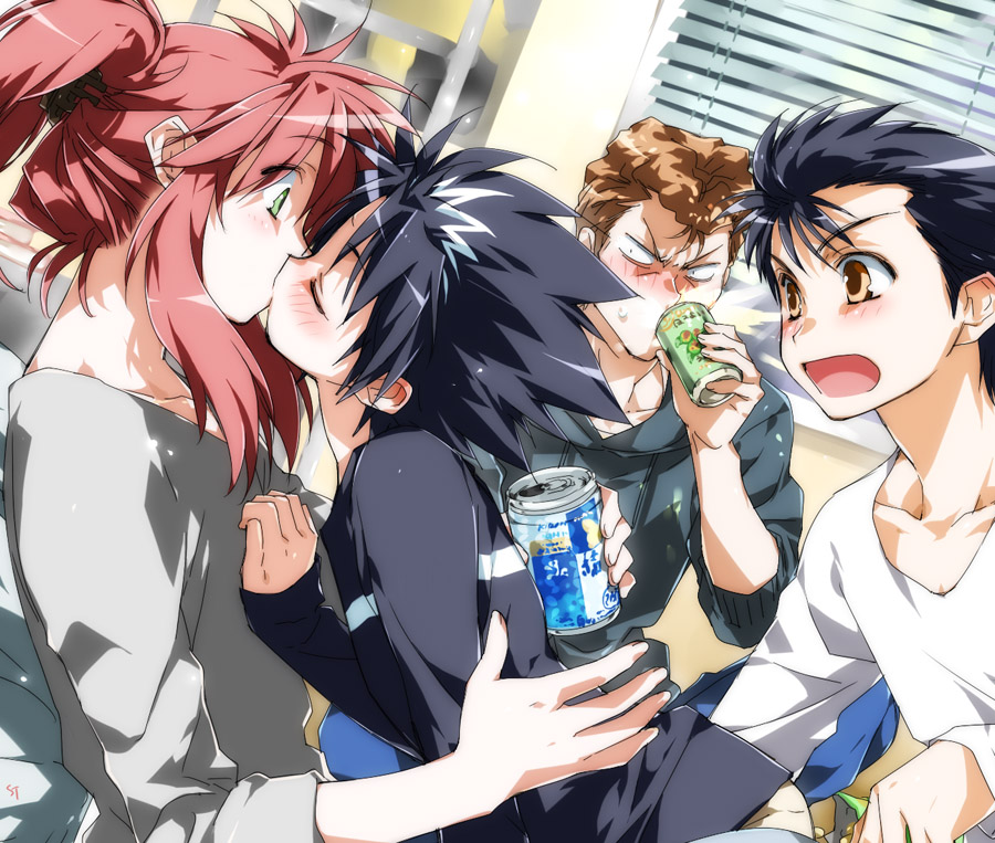 black_hair, blush, brown_eyes, brown_hair, diabolism, green_eyes, hiei, kiss