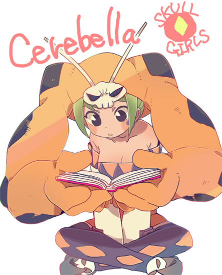 book, cerebella_(skullgirls), green_hair, hat, living_clothes, rawan, reading, skullgirls, vice-versa_(skullgirls)