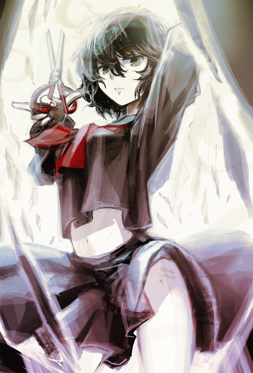 black_hair, highres, navel, nazo_no_kanojo_x, school_uniform, scissors, serafuku, short_hair