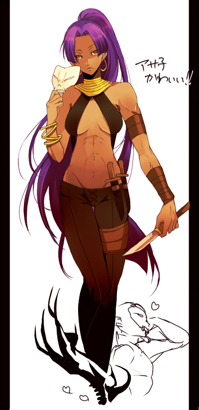abs, armband, assassin_(fate/zero), bracelet, breasts, brown_eyes, criss-cross_halter, dark_skin